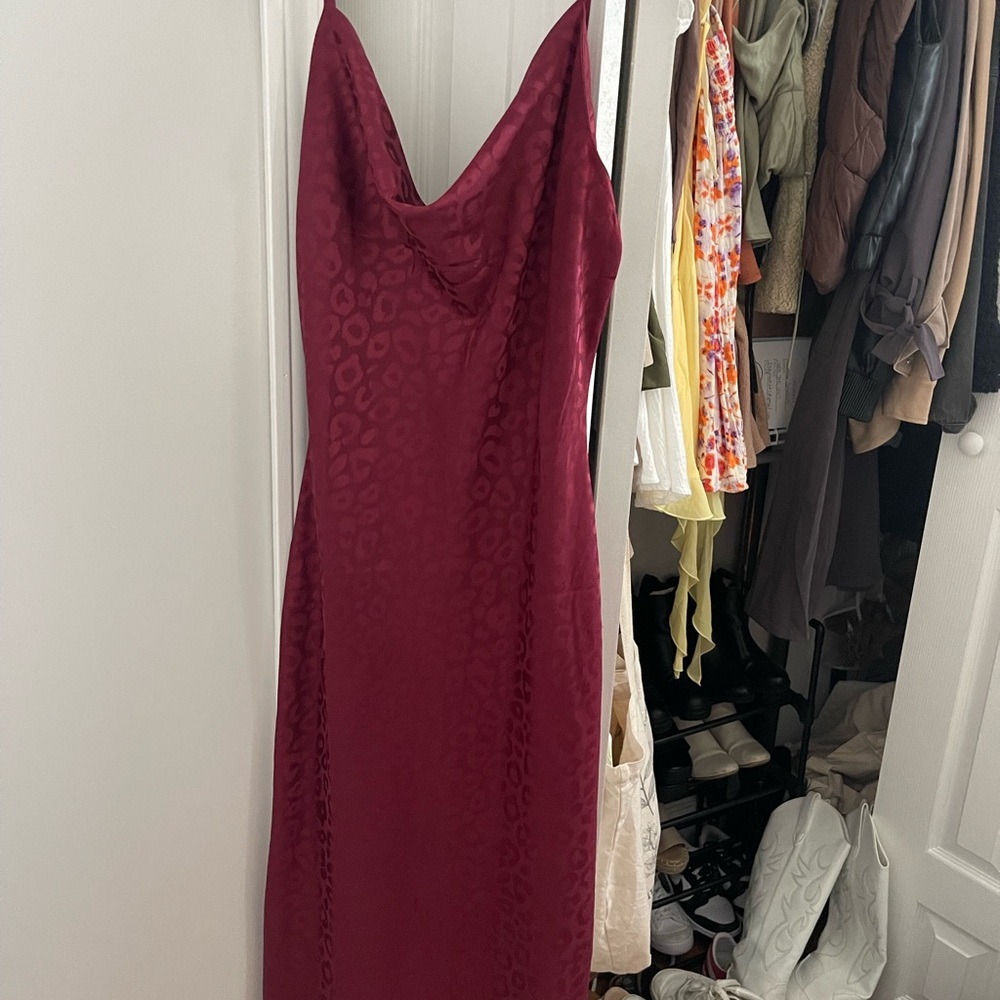 Maroon satin leopard print dress. Size M